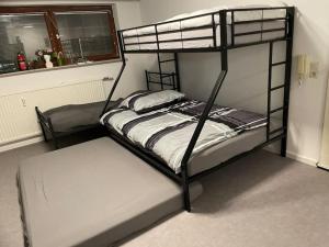 a couple of bunk beds in a room at Modern Urban Studio Apartment S-Bahn 27QM for 6 persons Mercedes-Benz in Magstadt
