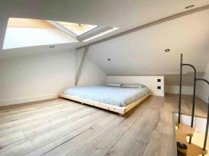 um quarto no sótão com uma cama e uma clarabóia em Appartement Esprit Industriel em Gentilly