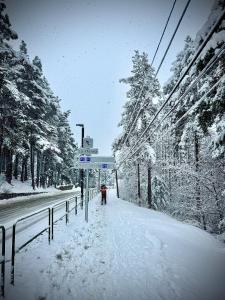 una persona che cammina per una strada innevata di Ático duplex a pie de pistas de esquí a La Molina