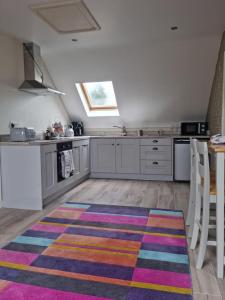 a kitchen with a colorful rug on the floor at Modern loft with country views in Conlig