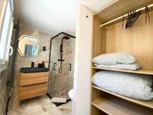 un baño con ducha y lavabo en Appartement Chic au calme, en Gentilly 29 fotos más