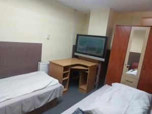 a hotel room with a television and a desk with a bed at Rózsás Motel in Mikepércs