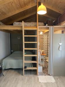a bedroom with a bunk bed and a desk at TINY HOUSE Potrerillos in Potrerillos