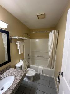 a bathroom with a toilet and a tub and a sink at American Inn-Alexander City in Alexander City