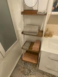 a bathroom with four towels on shelves and a sink at Gaité 4 personnes in Paris