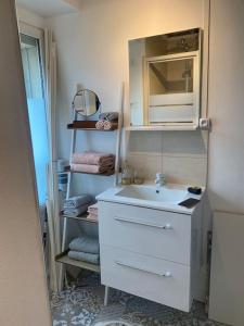 ein Badezimmer mit einem Waschbecken, einem Spiegel und Handtüchern in der Unterkunft Gaité 4 personnes in Paris