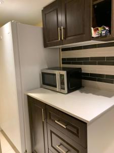 a kitchen with a microwave and a refrigerator at Glaive Home in Toronto