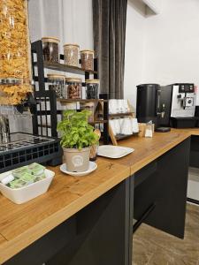 a wooden counter with two plates and a plant on it at Hotel Fuchs & Hase SELF CHECK IN in Rosegg