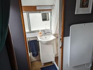 Elle comprend une petite salle de bains pourvue d'un lavabo et d'une fenêtre. dans l'établissement Unique Boat in Chelmsford city, à Chelmsford