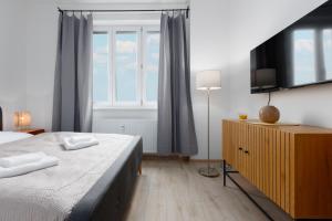 sypialnia z łóżkiem i dużym oknem w obiekcie 2 bedrooms apartment with kitchen near the subway w Pradze