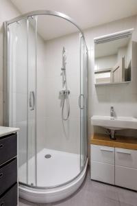 a bathroom with a shower and a sink at 2 bedrooms apartment with kitchen near the subway in Prague