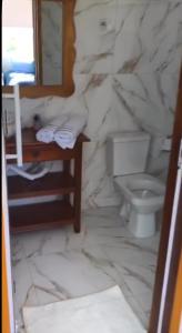 a bathroom with a stone wall with a toilet and a mirror at Chales Maria Flor in Gonçalves