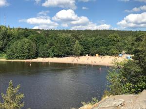 a group of people on a beach next to a body of water at Rosendahl - 75m2 Charming Two-story Apt next to the Best Beach and Scenic Park - Free Parking, Easy Check-in, Near Downtown in Tampere