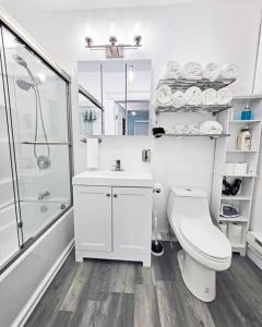 een witte badkamer met een toilet en een douche bij Coaster Heaven, Mins to CP & SF, King/WD/Pet OK in Sandusky