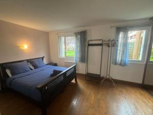 a bedroom with a bed with blue sheets and windows at F2 avec Terrasse, Parking gratuit in Guyancourt