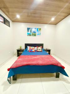 um quarto com uma cama azul e um cobertor vermelho em Apartamentos H Gonzalez. Wifi A/C free parking em San Rafael