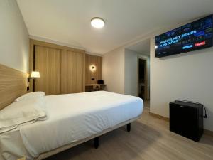 a bedroom with a bed and a tv on the wall at Hotel Europa in Arteixo