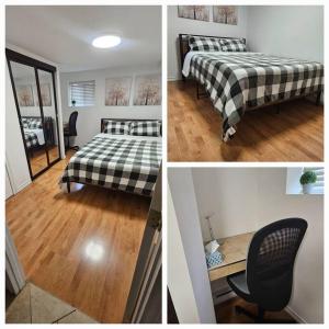 three pictures of a bedroom with a bed and a desk at 2 Bedroom Basement Suite in the heart of Laval in Laval