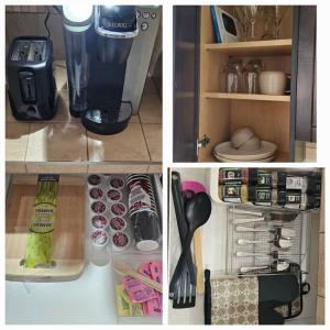 a collage of four pictures of a refrigerator with items at 2 Bedroom Basement Suite in the heart of Laval in Laval