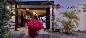 South Pacific Memories في بورت فيلا: مزهرية من الزهور الزهرية على طاولة أمام متجر