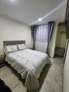 - une chambre avec un grand lit et une fenêtre dans l'établissement HOTEL CASA MARED Corferias-Embajada Americana, à Bogotá