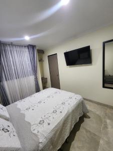 ボゴタにあるHOTEL CASA MARED Corferias-Embajada Americanaのベッドルーム(ベッド1台、薄型テレビ付)