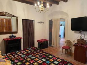Schlafzimmer mit einem Bett, einem TV und einem Kamin in der Unterkunft Ventana Al Desierto in Real de Catorce
