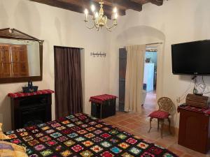 a bedroom with a bed and a tv and a fireplace at Ventana Al Desierto in Real de Catorce