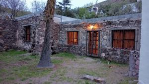 un viejo edificio de piedra con un árbol delante de él en Ventana Al Desierto, en Real de Catorce