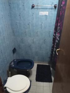 a bathroom with a blue toilet and a black rug at Hospedaje BRC in San Carlos de Bariloche