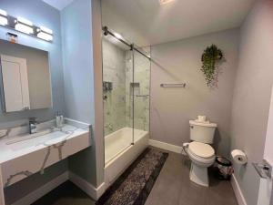 y baño con ducha, aseo y lavamanos. en The Lovely Suite - 1BR close to NYC, en Paterson