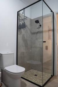 een badkamer met een toilet en een glazen douche bij Goldfields Hideaway in Kalgoorlie