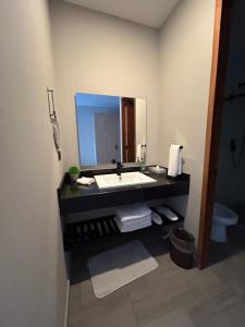 a bathroom with a sink and a large mirror at Suites Athos4 in Cancún