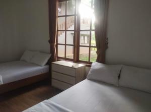 Un dormitorio con 2 camas y una ventana con luz solar. en Puri Sanghyang en Batukaras