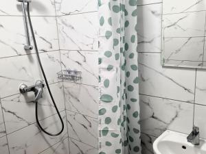 a bathroom with a shower curtain and a sink at New holiday apartment in Mrze yno in Mrzeżyno
