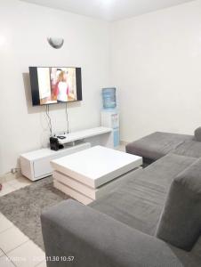uma sala de estar com um sofá e uma mesa de centro em Nairobi Airbnb em Nairobi