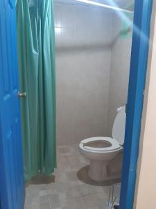 a bathroom with a toilet and a green shower curtain at Mansion Giahn Bed & Breakfast in Cancún