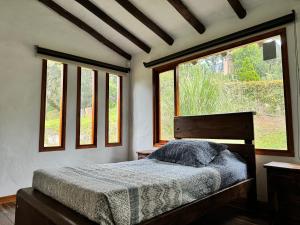 een slaapkamer met een bed en 2 grote ramen bij Termales azules La Calera in El Salitre