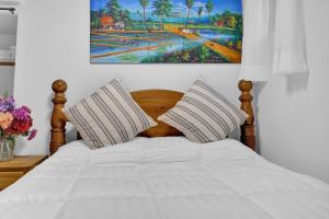 een bed met twee kussens en een schilderij aan de muur bij Cozy Lower Level 2BR Apartment in Barrie