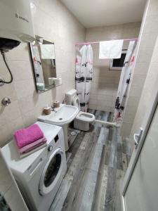 uma casa de banho com uma máquina de lavar roupa e um lavatório em Apollon home apartments em Bar