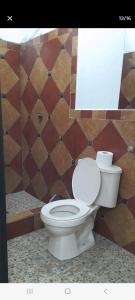 a white toilet in a bathroom with a tiled wall at Relax sin ruidos centrico. in Santa Rosa de Copán