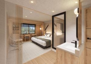 a bedroom with a bed and a mirror and a sink at Kamikochi Lemeiesta Hotel in Matsumoto