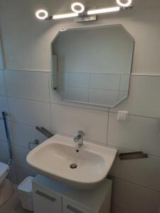 a bathroom with a sink and a mirror at Ferienwohnung Neckarblick in Heidelberg +11 photos