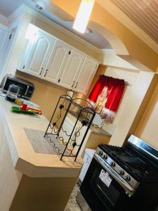 a kitchen with a counter top with a stove top oven at Destination Hope Booking in Georgetown