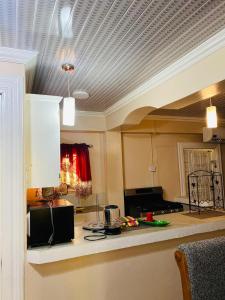 a kitchen with a coffered ceiling and a counter at Destination Hope Booking in Georgetown