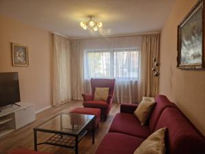 バーデン・バーデンにあるColibri Apartmentのリビングルーム(赤いソファ、椅子2脚付)