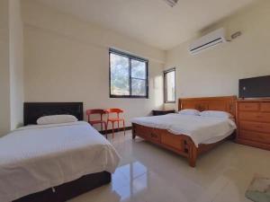 um quarto com duas camas e uma TV de tela plana em Dahu Yipinyuan B&B em Ta-hu