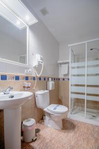 La salle de bains est pourvue de toilettes, d'un lavabo et d'une douche. dans l'établissement Hotel Chamizo, à El Arahal