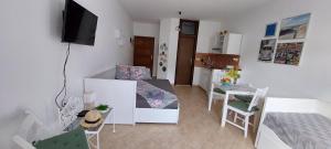 ein kleines Zimmer mit einer Küche und einem Wohnzimmer in der Unterkunft Apartman i Studio Smrikve in Pula