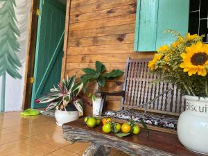 a bench with a bunch of fruit on it at Cọ cùn homestay/ Handmade/ Artwork (2 beds) in Buon Ma Thuot